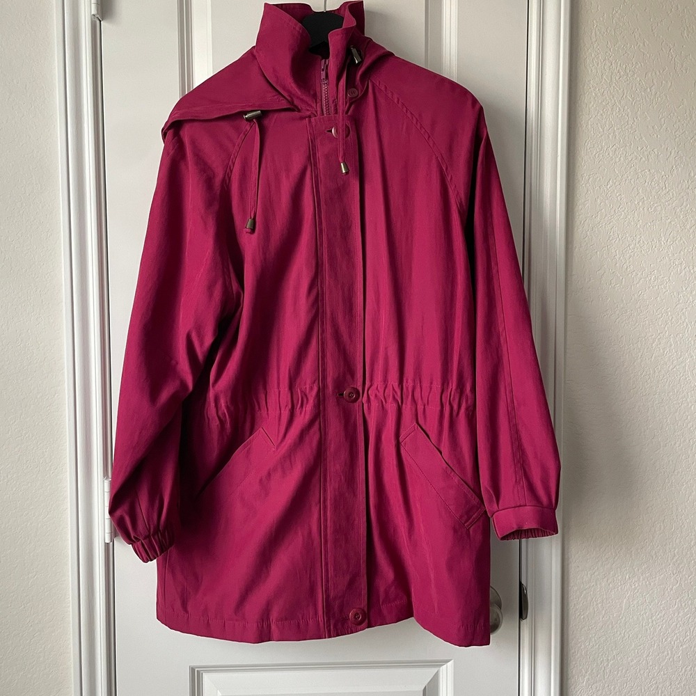 London Fog Jacket Hoodie Red Suede Rain Hiking Trip Mountains Summer‎ Travel S